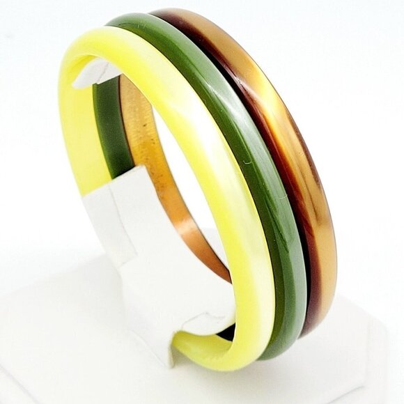 Set of 3 Pearlized Acrylic Bangle Bracelets 8" Neutrals Brown Green Yellow EUC - Picture 1 of 5